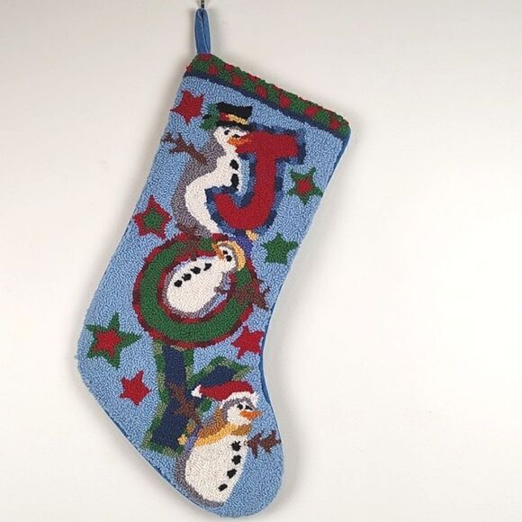 Snowmen JOY Wool Christmas Stocking Velvet Backing - Picture 1 of 8